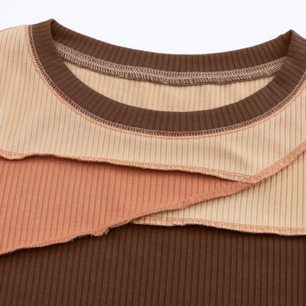 Boho Brown Exposed Seam Patchwork Color Block Ribbed Knit Top - Picture 9 of 9